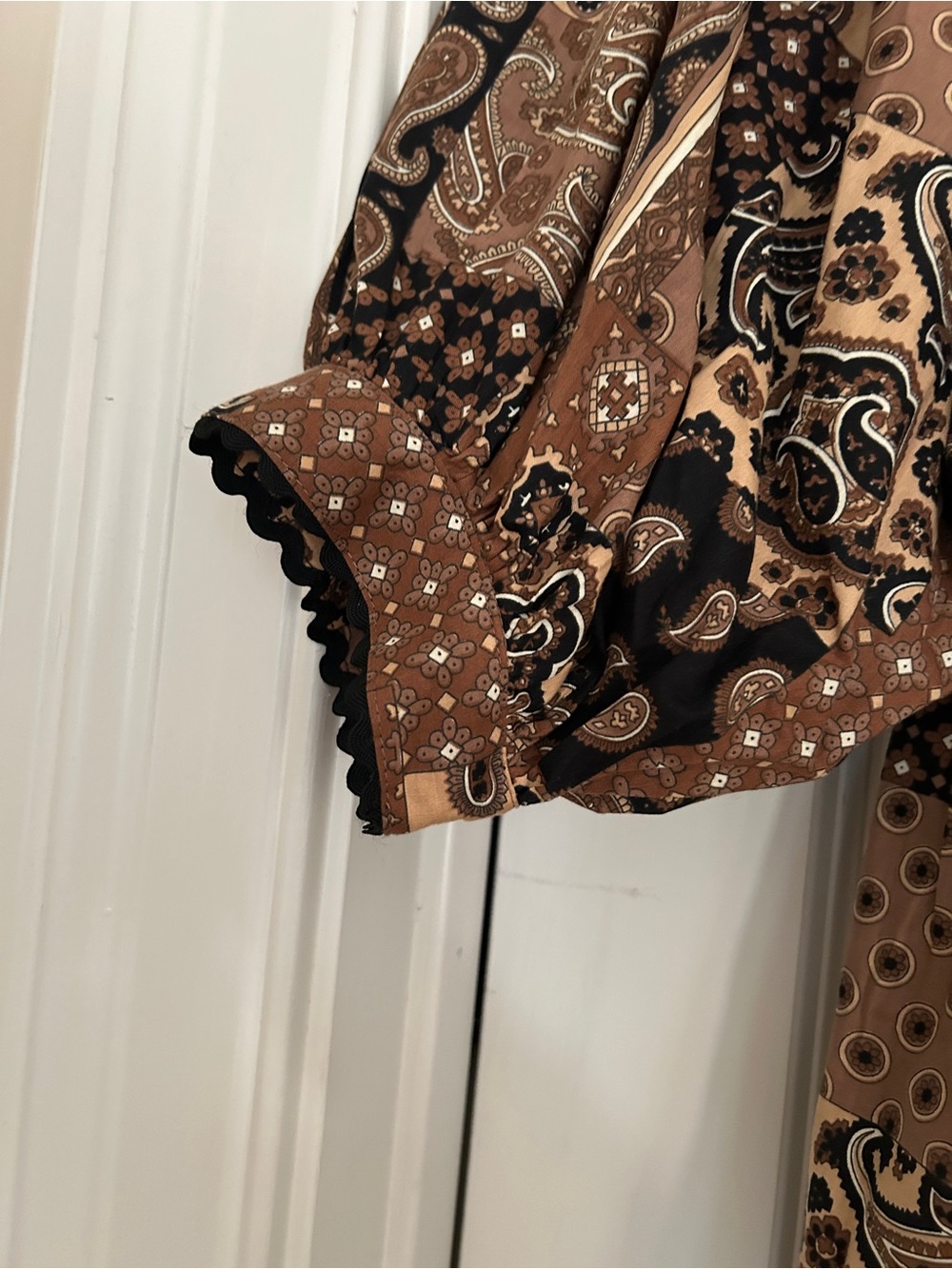 Patchwork Paisley Mini Dress in Brown and Black - Picture 2 of 9
